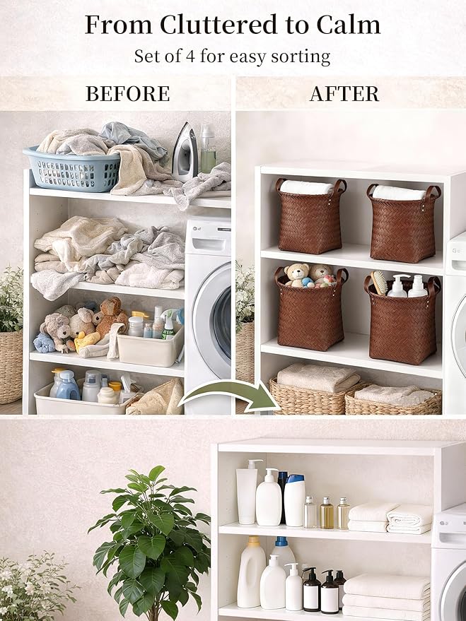 Hand Woven Baskets for Storage, 4Pcs Water-Resistant Wicker Baskets, Brown Wicker Storage Baskets for Shelves, Large Basket with Handle for Organizing, Closet, Laundry, Blanket - Round