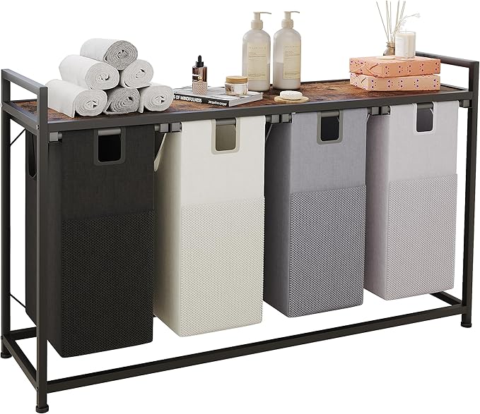 LIVEHOM Laundry Basket Four Laundry Hamper with Removable Bags, Fabric Handles, Large Top Shelf and Laundry Bag for Bathroom, Dorm, Laundry Room