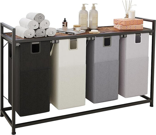 LIVEHOM Laundry Basket Four Laundry Hamper with Removable Bags, Fabric Handles, Large Top Shelf and Laundry Bag for Bathroom, Dorm, Laundry Room