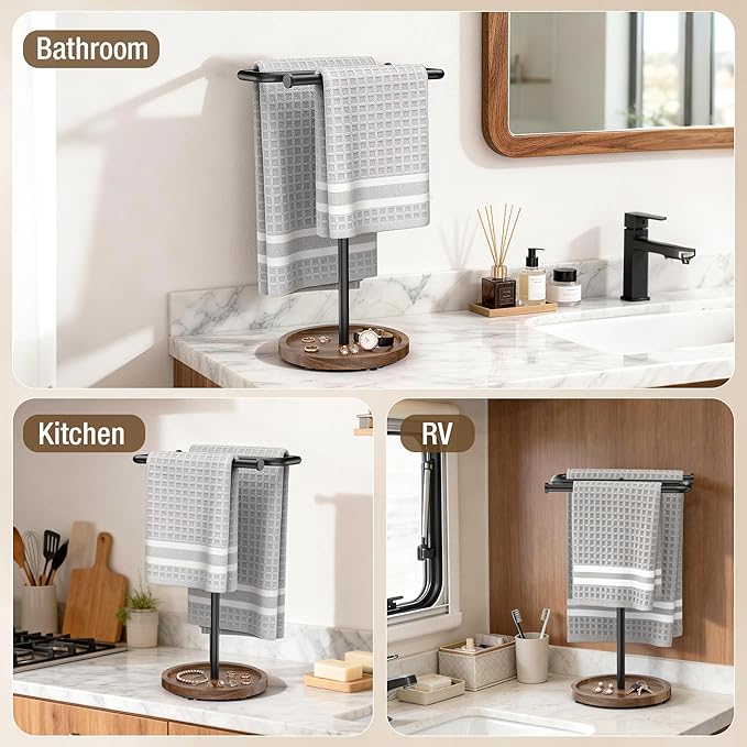 Aetyord Adjustable Hand Towel Holder Stand for Bathroom Countertop, S-Shaped Stainless Steel Towel Rack with Wood Base Strong and Suction Cups, Free Standing Hand Towel Tree for Kitchen Vanity