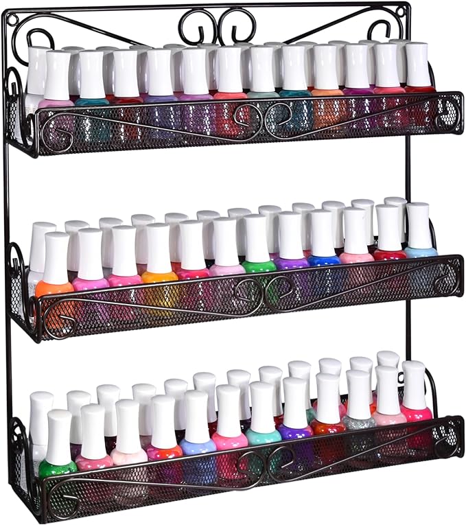 AMT 3 Tier Nail Rack, Pack Metal Wall Mount Organizer, Essential Oils Organizer, Pantry Cabinet Door Shelf Storage.Hanging Display for Spice Jars, Sauces, Cosmetic Beauty Bottles