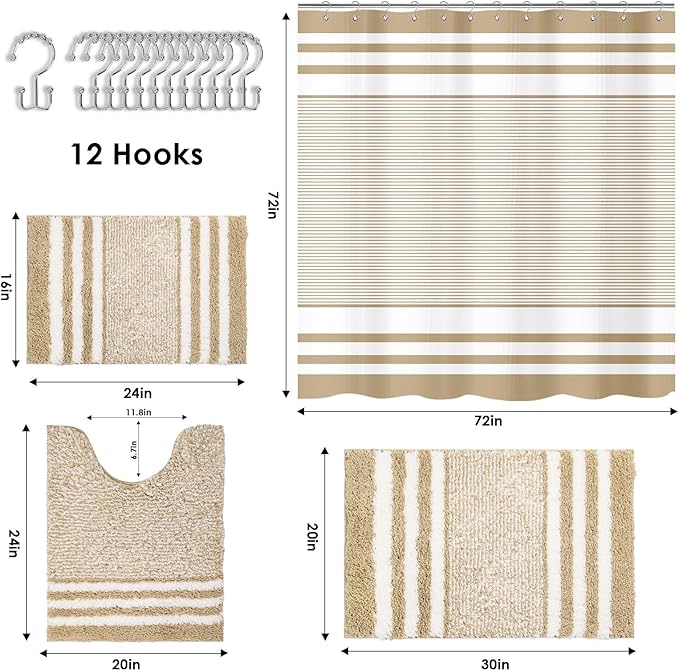 Britimes Beige Bathroom Sets with Shower Curtain and Rugs, Modern Striped Minimalist Style Waterproof Shower Curtain Liner and Soft Non Slip Bath Mat for Bathroom Decor and Accessories Hooks
