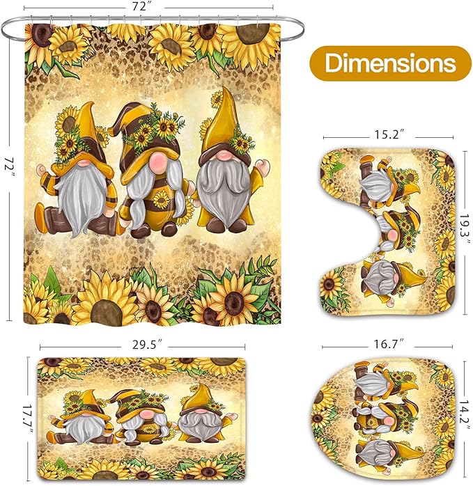 Litabel 4 Pcs Sunflower Gnomes Shower Curtain Set with Non-Slip Rugs, Toilet Lid Cover and Bath Mat, Farmhouse Country Bathroom Decor Set with Shower Curtain and Rugs(Hooks Not Included)