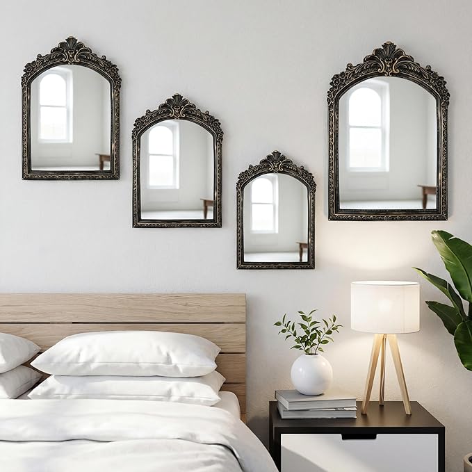 Thyle 4 Pcs Vintage Gold Antique Mirror Set Arch Retro Resin Baroque Decorative Makeup Mirror Square Hanging Wall Desk Tabletop Room Bedroom Bathroom Gallery (13x9 10x7 8x5 7x4) (Dark Color)