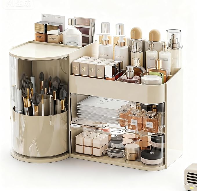 Makeup Organizer with Rotating ,Large Bathroom Countertop Cosmetic Organizer with Brushes Holder,Skincare Storage Organizer,Ideal makeup holder for Skincare,Lipstick and other items (cream white)