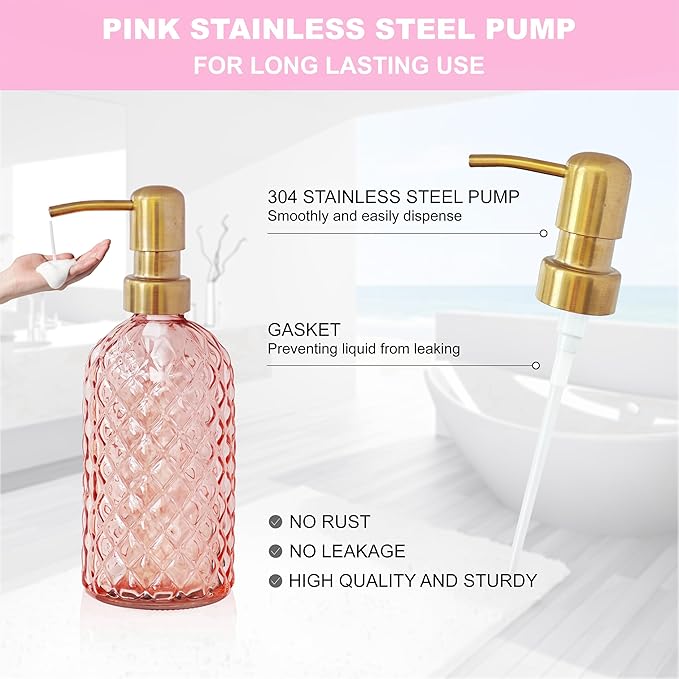 LaMarriti Pink Bathroom Accessories Set, 4Pcs Clear Glass Bathroom Sets, Lotion Soap Dispenser, Toothbrush Holder Set, Soap Dish, Qtip Holder for Crystal Glass Vintage Bath Decor, Valentine Gift Set