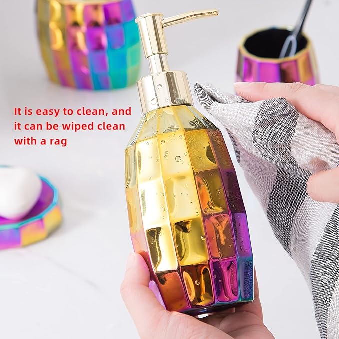Rainbow Bathroom Accessory Set, Colorful/Gold Mosaic Ceramic Bathroom Accessories Sets Includes Lotion Dispenser, Toothbrush Holder Tumbler, and Soap Dish