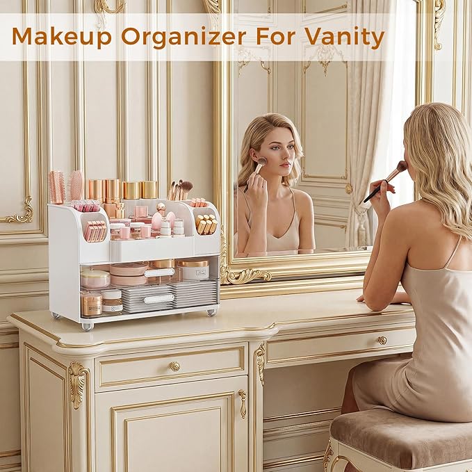 Makeup Organizer for Vanity with Brush Holder, Large Bathroom Countertop Organizer & Skincare Storage | Perfume, Cosmetics Display Case with Drawers (White)