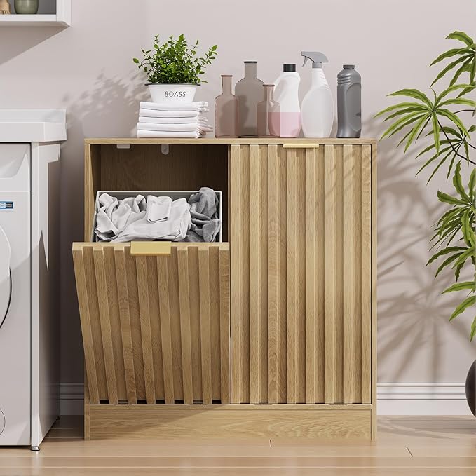 Smuxee Double Tilt Out Laundry Hamper Cabinet, Hidden Laundry Cabinet with Double Baskets, Natural Trash Can with Fluted Doors for Bathroom, Kitchen