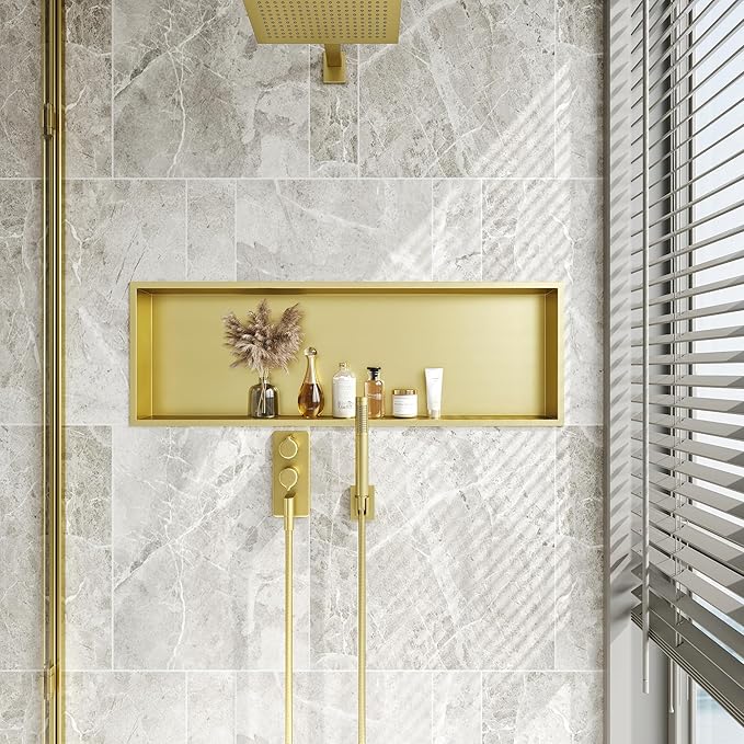 Neodrain Shower Niche, Insert Bathroom Storage Shower Shelf, Stainless Steel Recessed Wall Niche No Tiled Recessed Cabinet Waterproof for Shower Storage(Gold,36"x12")