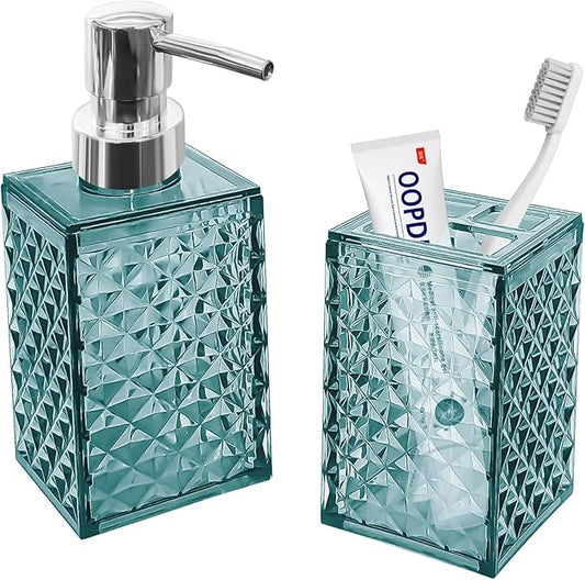 2PCS Mint Blue Bathroom Accessories. Contain Soap Dispenser and Toothbrush Holder Set. Boho Bathroom Set for Blue Bathroom Décor