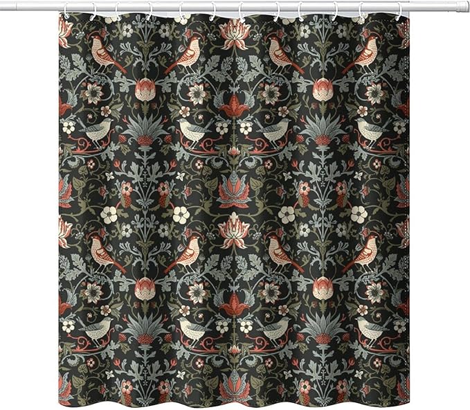 Boho Shower Curtain William Morris Art Print Retro Bird Plant Natural Flower Pattern Print Shower Curtains 72""×72"" Inch, Style-2