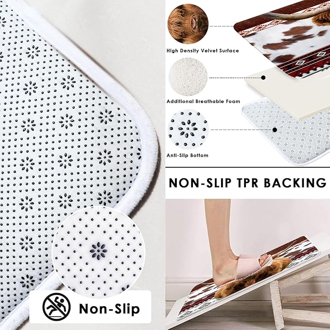 Western Highland Cow Shower Curtain Set with Toilet Lid Cover and Non-Slip Rugs, Cowhide Print Rustic 4 Pcs Shower Curtain with 12 Hooks, Farmhouse Bathroom Set with Rugs and Accessories