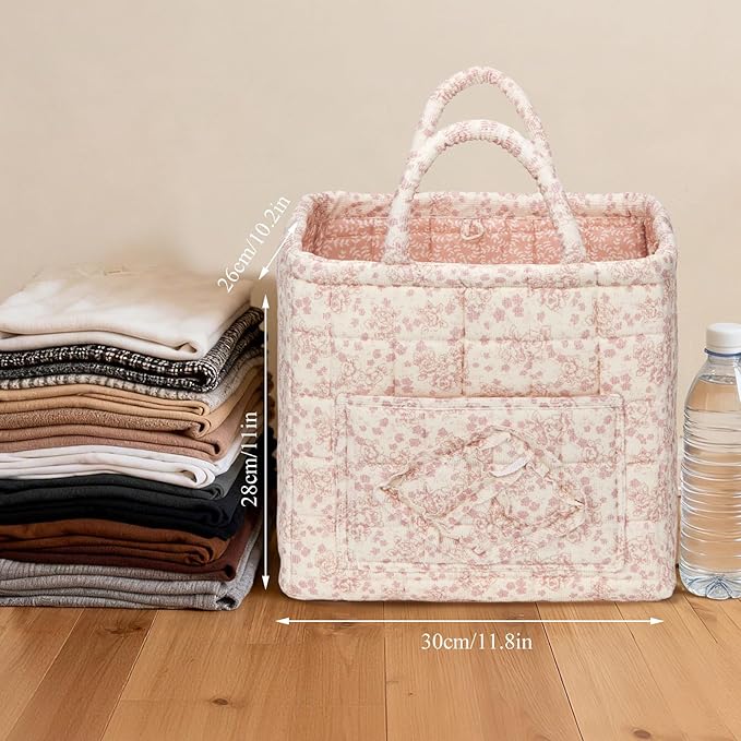 Quilted Fabric Basket Car Storage Basket Boho Floral Laundry Hamper for Nursery Bedroom & Living Room | Organize Clothes Toys