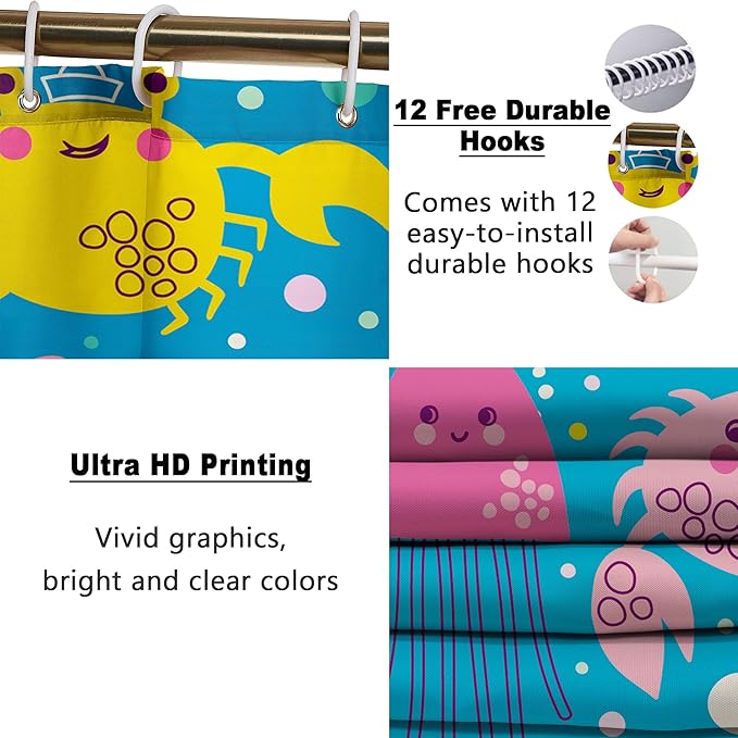Poedist 4 Pcs Bathroom Shower Curtain Set,Kid's Bathroom Set,Ocean Octopus Shower Curtain Sets with Rugs(Bath Mat,U Shape and Toilet Lid Cover Mat) and 12 Hooks