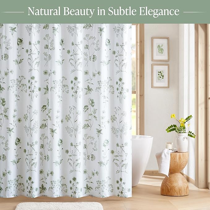 Martha Stewart Martha's Garden Shower Curtain Botanical Floral Print Cotton Shower Curtain for Bathroom, Spa Quality Modern Shower Curtains Standard Size, 72x72 Sage Green