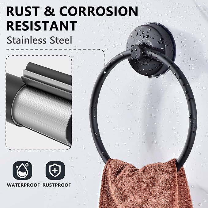 JOMOLA Towel Ring Suction Towel Holder for Bathroom Stainless Steel Kitchen Towel Rail Rack Drill Free Bath Towel Holder Bathroom Accessories Matte Black,2 PCS