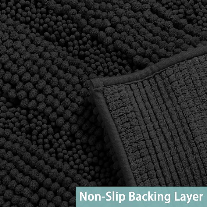 Turquoize Luxurious Non-Slip Shaggy Chenille Kitchen Runner Black Kitchen Rug Ultra Soft Plush Carpet Mat Shag Shower Bath Runner Absorbent Large Bath Mat for Entryway, Size 59 & 20 Inches, Black