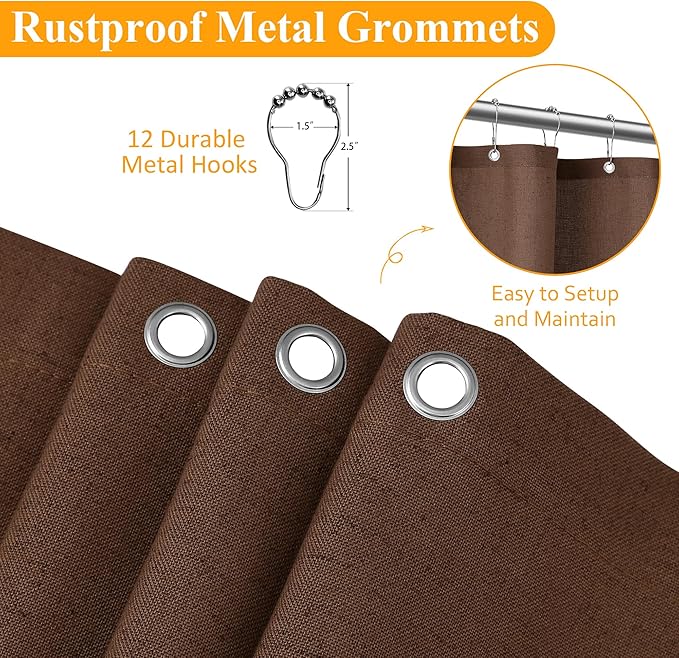 Naturoom Caramel Brown Linen Shower Curtain, Country Boho Farmhouse Bath Decor Shower Curtains Neutral Cloth Weighted Textured Fabric Bath Curtain Liner with Hooks, 72x80