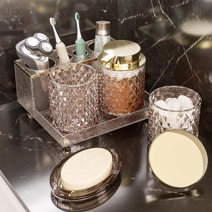 Glass Bathroom Accessories Set 5Pcs Crystal - Brown Foaming Soap Dispenser, Soap Dish, Cup, Acrylic Toothbrush Holder with Tray Organizer, Cotton Swab Jar, Bathroom Counter Set Sink Decor
