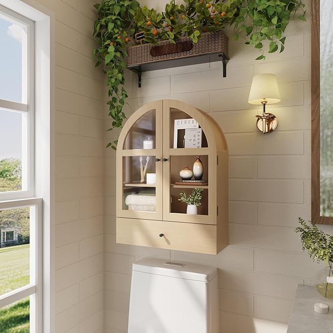 BOSHIRO Arched Bathroom Wall Cabinet with Drawer,Over The Toilet Storage Cabinet, Medicine Cabinet with Glass Door for Living Room, Kitchen（Natural Wood Color）