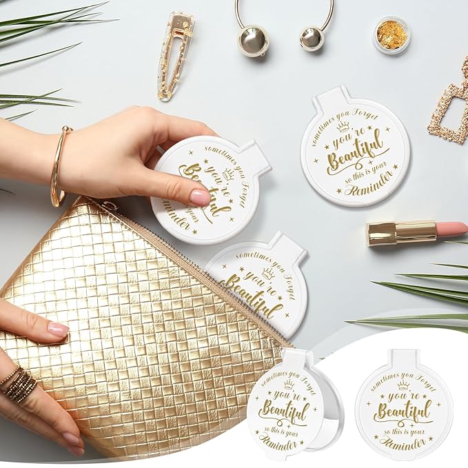 18 Pcs 2.76 Inch Inspirational Compact Mirror Bulk Women Small Gifts Graduation Party Favors Purse Mirror Pocket Mini Stuffer Items for Adult Coworker Cheerleader Employee (White)