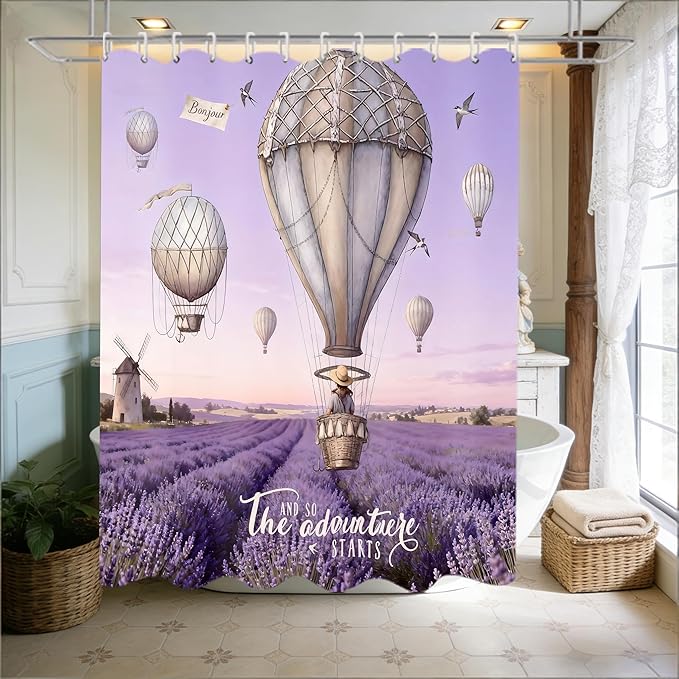 jieprom 4 Piece Purple Lavender Shower Curtain Set with Rugs, Hot Air Balloon & Windmill Landscape Art, Romantic French Country Aesthetic Bathroom Decor, Non-Slip Mats, Waterproof Fabric
