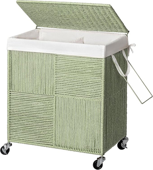 WOWLIVE Double Laundry Hamper with Lid, Handwoven Rolling Laundry Basket with Wheels, 115L Dirty Clothes Hamper with Removable Liner Bag Large Capacity Laundry Sorter Laundry Room Organization,Green