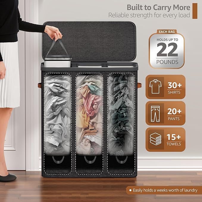 Sorbus Laundry Hamper with Lid - Collapsible 3-Compartment Fabric Laundry Basket with Handles and Removable Laundry Bag – 50 Gallon (190 L) Dirty Clothes Hamper for Bedroom, bathroom and dorm (Black)