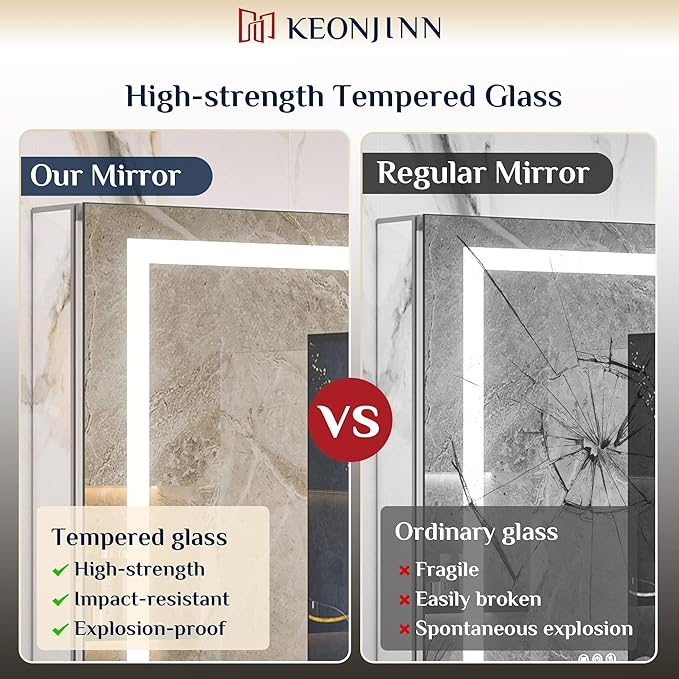 Keonjinn 24 x 32 Medicine Cabinet with Lights, LED Medicine Cabinet with Defogger and Outlets 3 Colors Dimmable with UL Listed LED Driver, Tempered Glass Surface/Recessed Mount Mirror with Storage