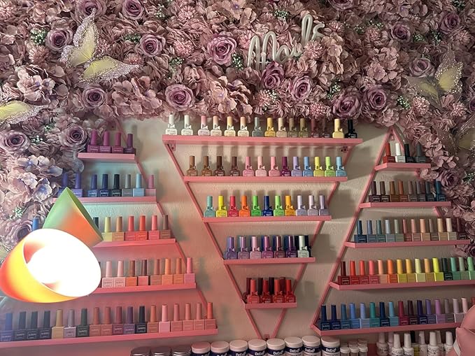 Elegant Gold Wall Mounted Nail Polish Rack - Set of 6 Triangular Cosmetic Display Shelves for Essential Oil Bottles, Organize Your Lipsticks and Perfumes in Style at Home or Salon (Pink)