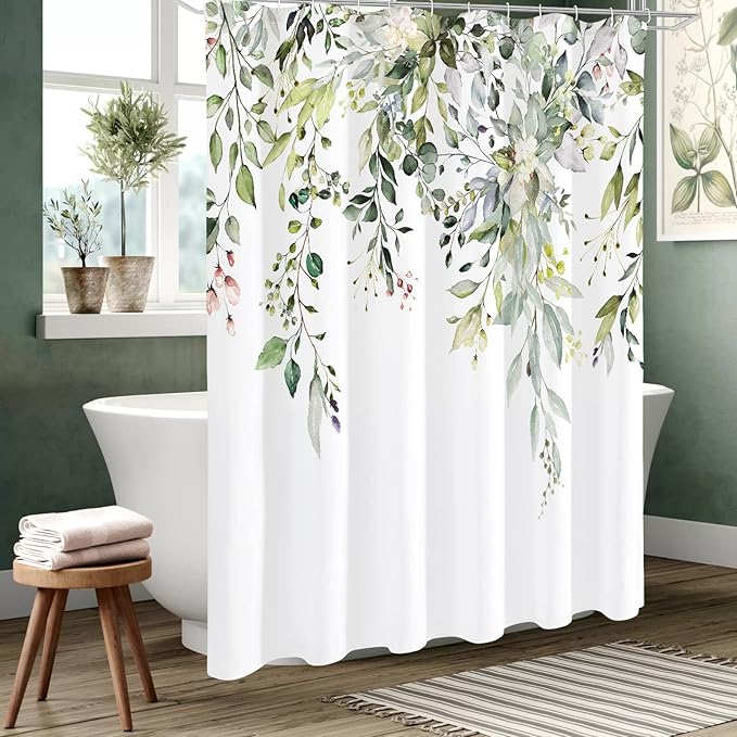 Gibelle Sage Green Eucalyptus Shower Curtain, Watercolor Plant Leaves with Floral Bathroom Decor Waterproof Fabric Shower Curtain Set 72x72 Inch White