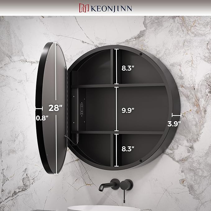 Keonjinn 28 Inch Round Lighted Medicine Cabinet, Black LED Medicine Cabinet Mirror, Circle, Electrical Outlet, 3 Color Lights, Anti-Fog, Dimmable, Surface Mount Only
