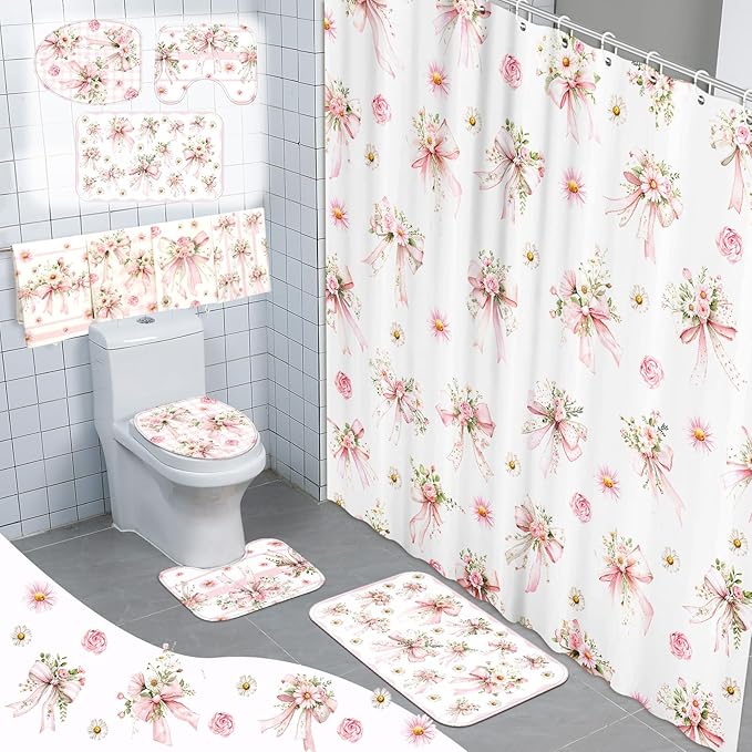 Tatuo 8 Pcs Pink Bow Daisy Shower Curtain Sets for Bathroom Decor Coquette Bathroom Accessories Daisy Rose Aesthetic Girly Shower Curtain Sets with Towels Carpet Bath Mat Toilet Rugs and 12 Hooks