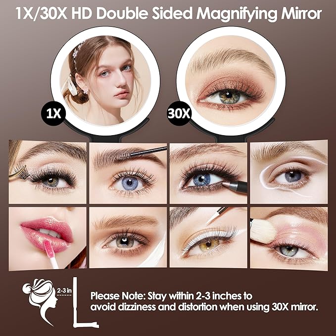 MIYADIVA Magnifying Mirror with Light, Double Sided 30X/1X Lighted Travel Makeup Mirror with Magnification, 3 Color Lighting, Dimmable Touch Screen, Adjustable & Foldable Hand Mirror (Black)