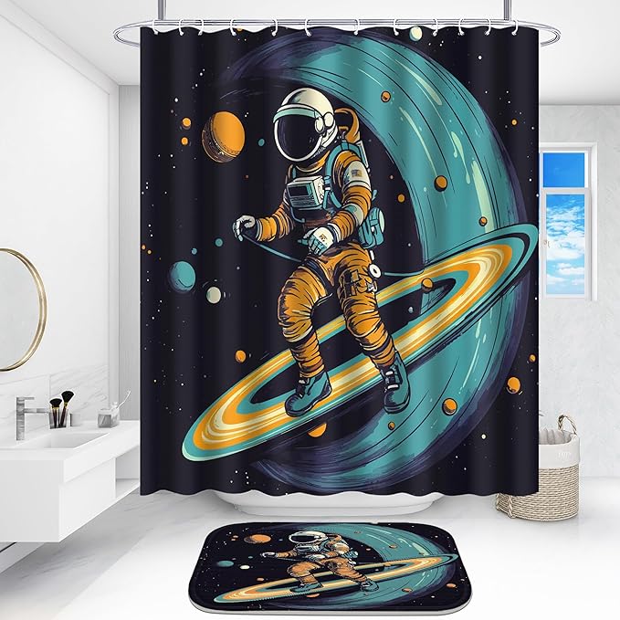 Poedist 4 Pcs Bathroom Shower Curtain Set,Kid's Bathroom Set, Space Shower Curtain Sets with Rugs(Bath Mat,U Shape and Toilet Lid Cover Mat) and 12 Hooks