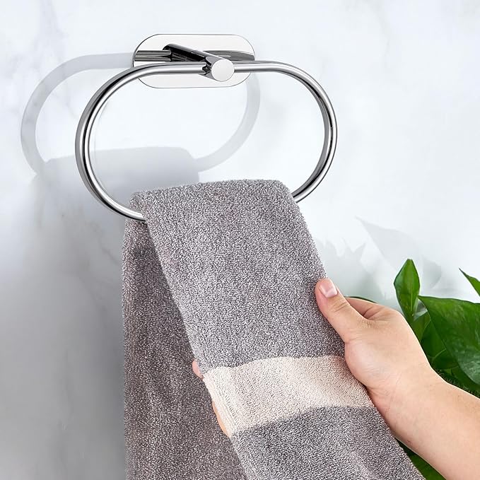 Towel Bar/Bath Towel Ring, Self Adhesive Hand Towel Ring for Bathroom, Stainless Steel Sticky Hand Towel Holder, No Drilling Modern Round Towel Hanger Wall Mounted (2 Pack, Chrome)
