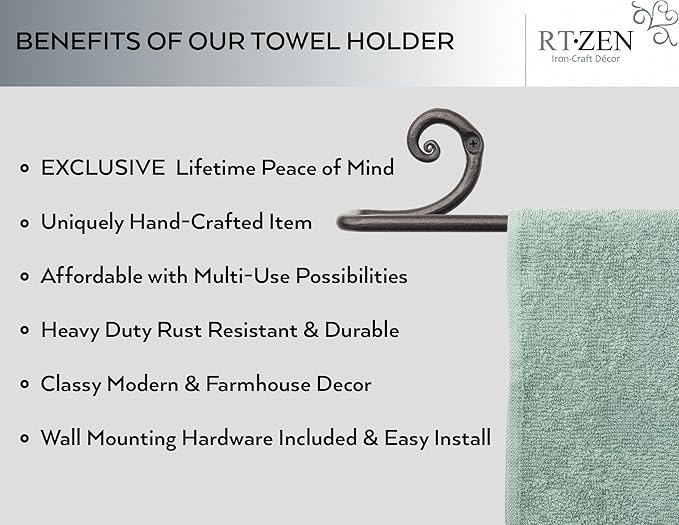 RTZEN Farmehouse Bathroom Towel Holder - Wrought Iron Matte Metal Black Towel Bar Wall Mount Rod - Handmade Home Decor Metal Kitchen Hanger Bar (24'' - Fits 24 Inch Towels)