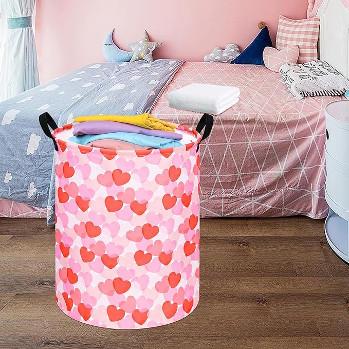 Round Valentine's Heart Pattern Laundry Hamper Clothes Storage Basket Fabric Storage Hamper Organization Storage Bin, Nursery Box,Gift Basket with Handles