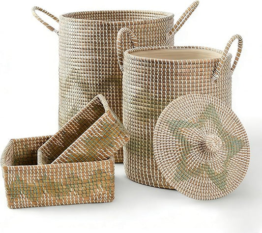 Laundry Hamper Storage Baskets with Lid, Woven Basket Decorative Baskets for Shelves, Basket for Gifts, Closet, Pantry, and Home Organization, Set of 4, Multi-Size