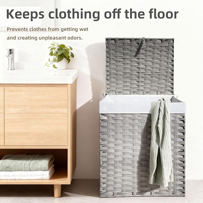 Wicker Laundry Hamper with Lid,24Gal (90 L) Rattan Laundry Basket 2 Sections with Lid, Removable Machine Washable Line, Large Clothes Hamper with Handles for Bathroom Bedroom, Gray