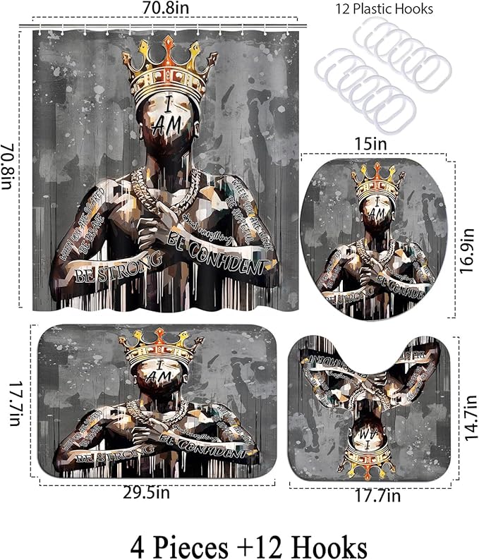 Black King Shower Curtain Set with Hooks, Powerful African American Praying Man Shower Curtains with Rugs Toilet Lid Cover Bath Mat, Cool Black Man Waterproof Bathroom Decor Shower Curtain Sets