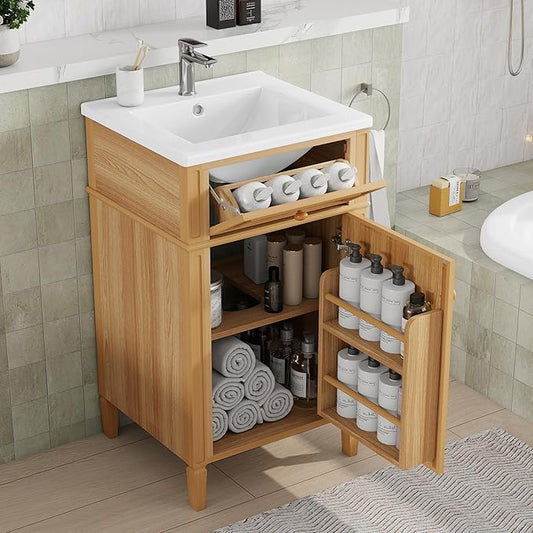 Virubi 20 in Small Bathroom Vanity with Sink,Soft Closing Door,Tilt-Out Drawer and Adjustable Shelf,Solid Wood Frame Modern Single Bathroom Sink Cabinet,Freestanding Natural Wood