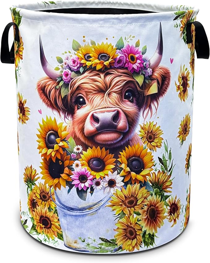 Highland Cow Laundry Basket Sunflower Flower Foldable Oxford Cloth Funny Tote Bag Laundry Hamper Clothes Storage Bucket Toy Organizer For Bathroom/Laundry Storage/Bedroom 18.9x16.5 Inch