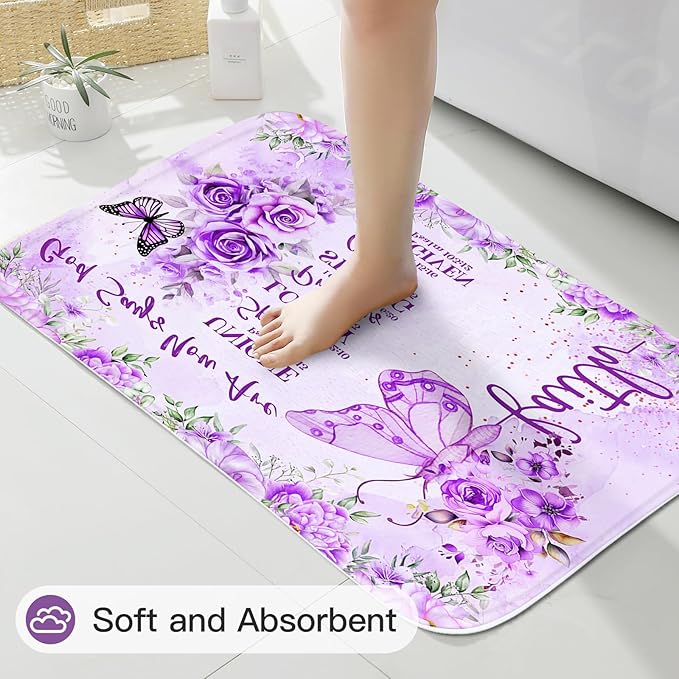 Litabel 4 Pcs Purple Butterfly Inspirational Quotes Shower Curtain Set with Rugs and Toilet Lid Cover, Colorful Boho Waterproof Fabric Bathroom Set, Bible Verse Floral Bathroom Decor Set Accessories