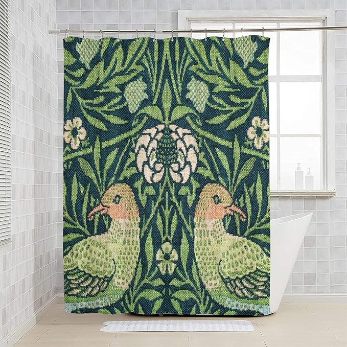 Boho Bird Shower Curtain William Morris Art Print Retro Bird Plant Natural Flower Pattern Print Shower Curtains 72""×84"" Inch, Style-6