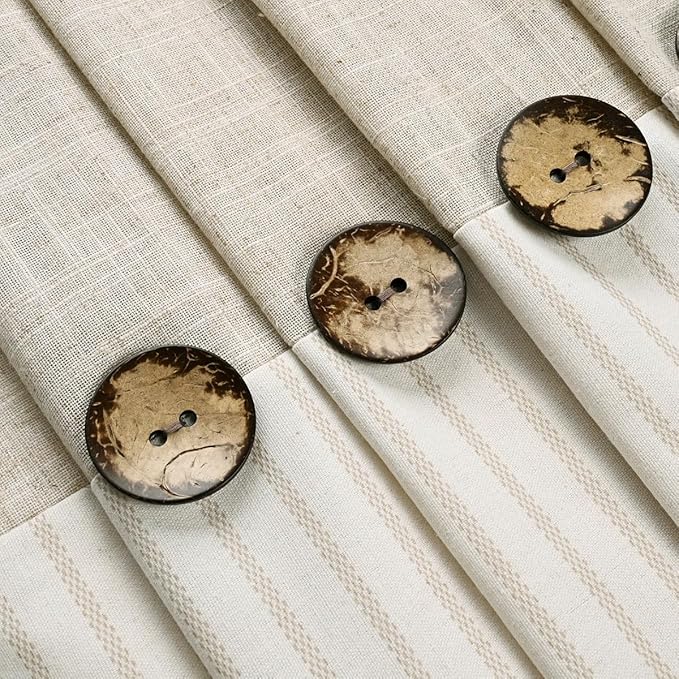DOSLY Ides Farmhouse Shower Curtain, Beige and Beige Stripe, Button Curtain, Linen and Cotton Blend Fabric, Rustic Charm Country Chic Style, 72x84 in