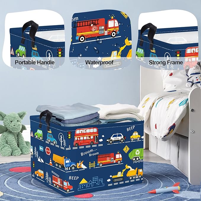 Cars Laundry Hamper Cartoon Vehicle Large Storage Basket Collapsible Parents Organizer Boy Toy Clothes Bins for Bedroom, Bathroom, City Bus, 36L