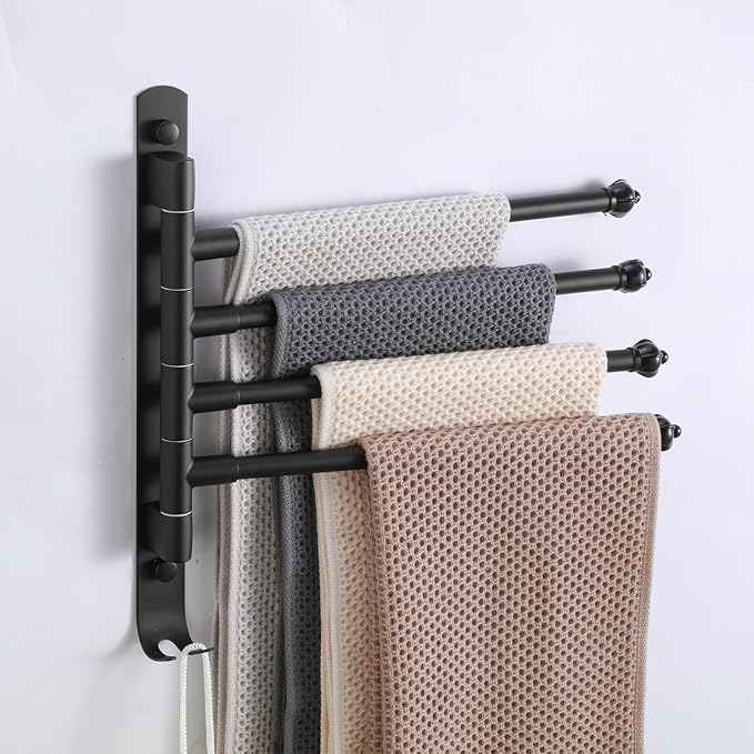 Swivel Towel Rack 4 Tier Face Towel Bar 12 Inch Bathroom Door Towel Rack Drying Rack for Towels Socks Wall Towel Racks (Stainless Steel, Black 4-Arm)