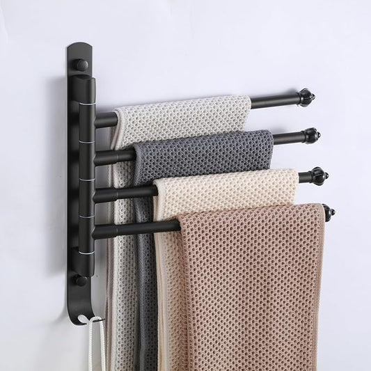 Swivel Towel Rack 4 Tier Face Towel Bar 12 Inch Bathroom Door Towel Rack Drying Rack for Towels Socks Wall Towel Racks (Stainless Steel, Black 4-Arm)